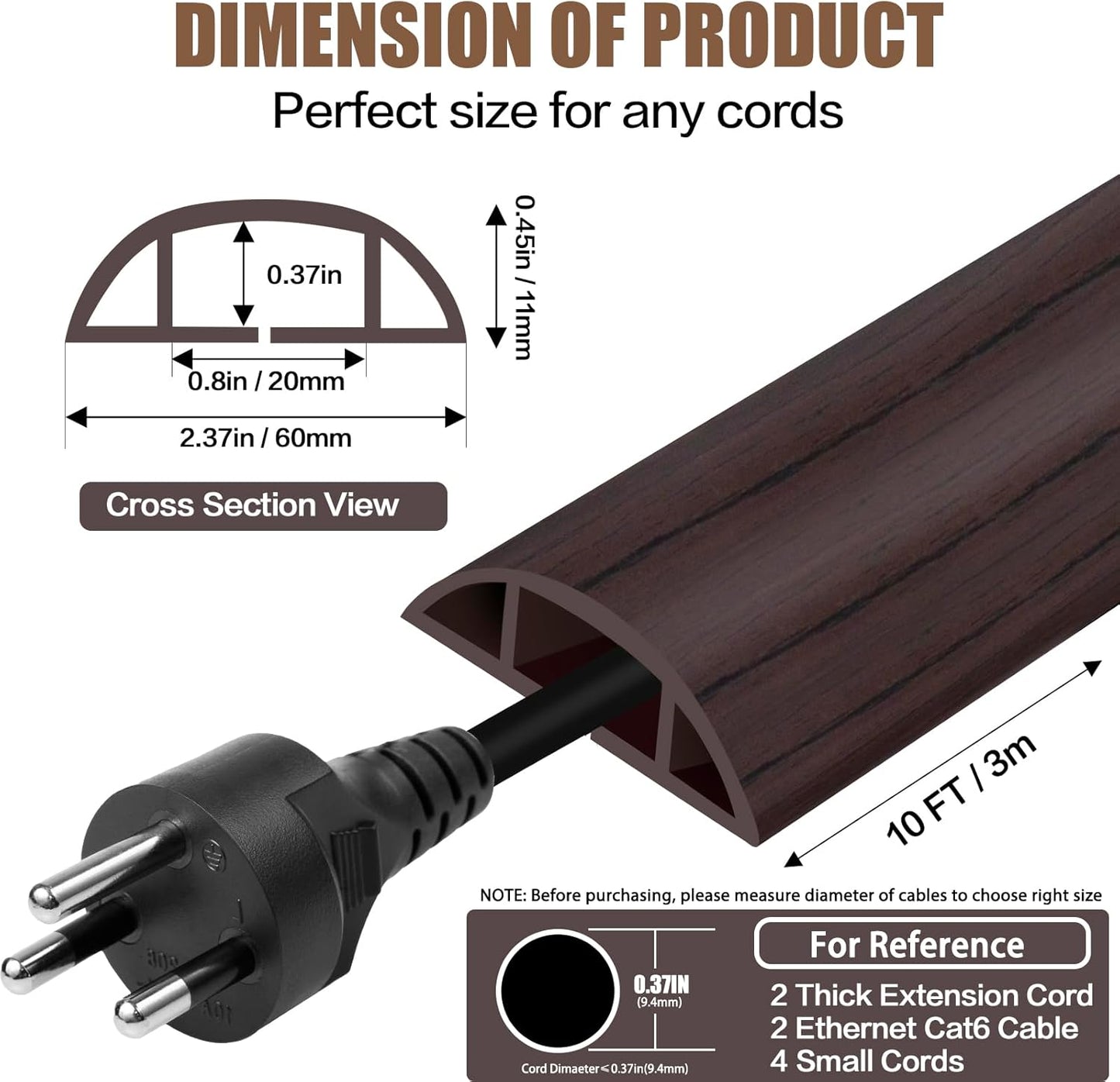 Floor Cord Cover Cavity 0.8"x0.37" Self Adhesive Cord Hider, 10FT Low Profile Cable Management, Extension Strip Protector for Wires, Prevent Cable Trips for Offices, Gyms, Exhibitions（Black Wood）