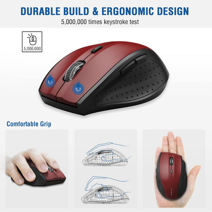 E-YOOSO Wireless Mouse for Laptop, Portable Optical Computer Mouse, 6 Buttons, Cordless 2.4GHz with USB Receiver, 5-Level 4800 DPI, 18 Months Battery Life, for PC, Chromebook, Windows, Mac(Red)