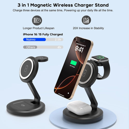 Charging Station, 3 in 1 Foldable Wireless Charger iPhone Charging Station Charger Stand Multiple Devices for Apple, with PD Adapter and USB C Cable for iPhone 17/16/15/14/13,iWatch,AirPods All Series