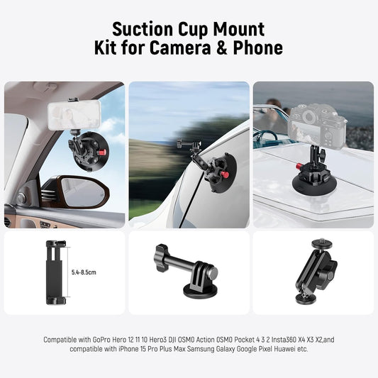 NEEWER 4.5" Suction Cup Camera Mount with Ball Head Magic Arm, 1/4" 3/8" ARRI Holes, Quick Release Car Mount with Phone Holder & Action Cam Adapter Compatible with iPhone DJI Insta360, CA105
