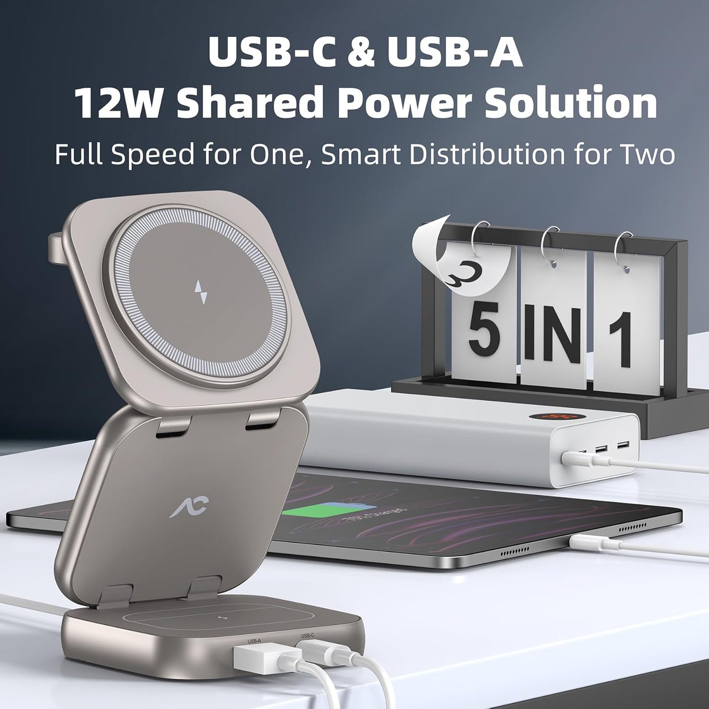 5-in-1 Wireless Charger for MagSafe, AC ISLAND Portable Travel Charging Station, 15W Max Fast Foldable Magnetic Stand, Evolved for iPhone 17/16/15/14/13 Series, Apple Watch, AirPods (with 35W Adapter)