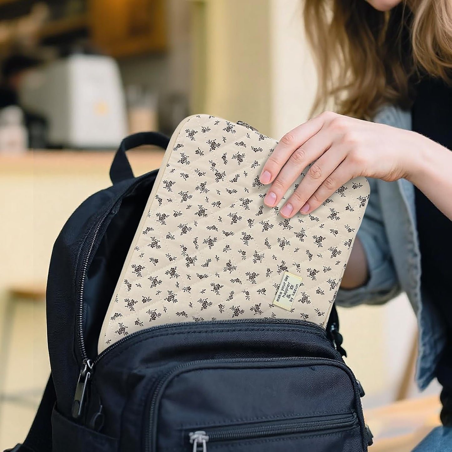 Puffy Laptop Sleeve 13-15.6 Inch Cute Quilted Laptop Protective Case Padded Floral Computer Sleeve for MacBook (A-Black, 15 Inch)