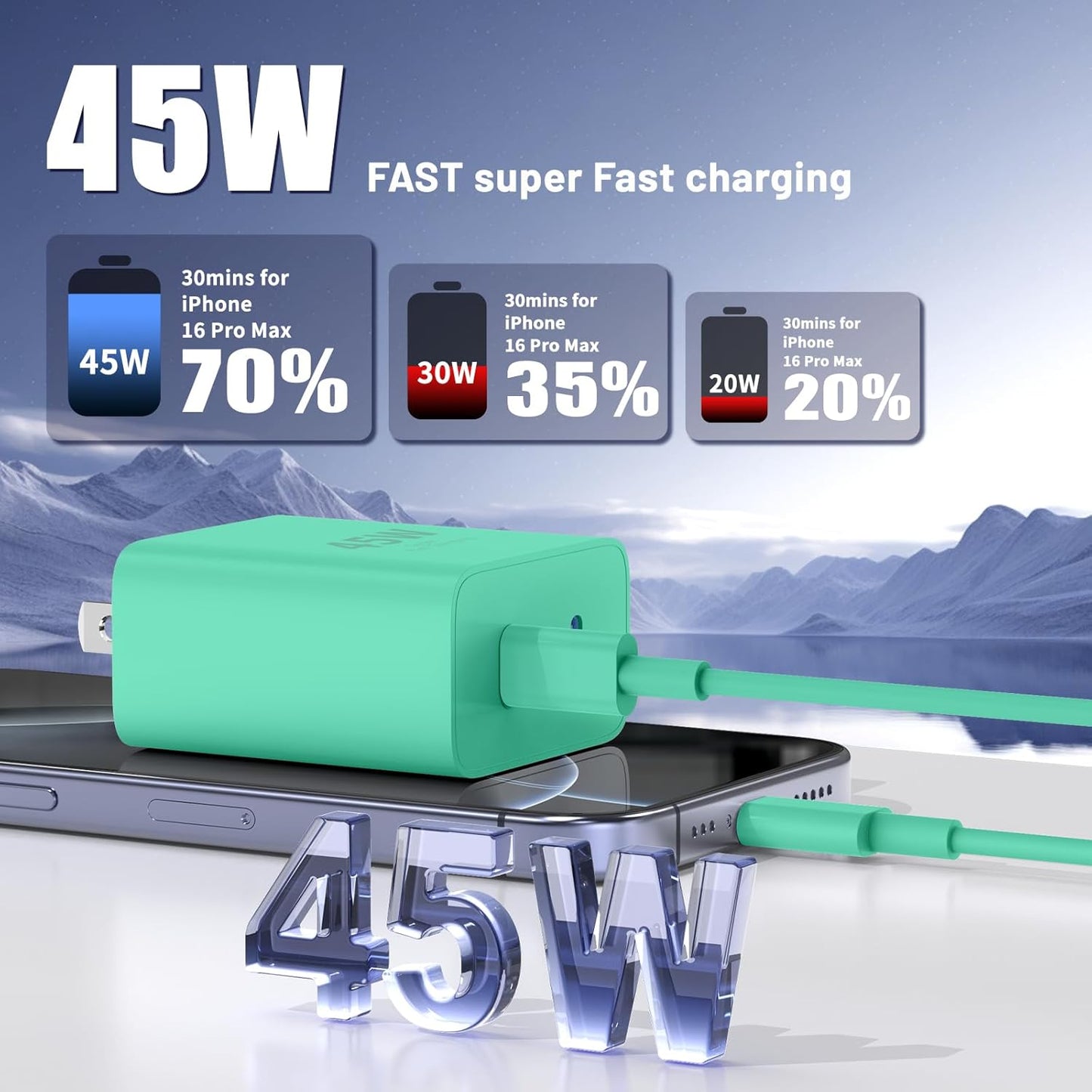 iPhone 16 15 Pro Max Charger Fast Charging,45W Dual Port USB C Fast Charger Block [2-Pack] & Extra Long 60W 3/6/10/10FT USB C Cable - PD Quick Adapter 3.0 for iPhone 16 15/16 15Pro/16 15 Plus.
