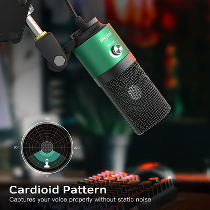 FIFINE USB Gaming Microphone for PC Desktop, PS4 and Mac, Gain Control, External Condenser Computer Mic for Streaming, Podcasting, Twitch, Discord, Green - K669G