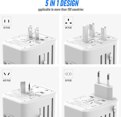 Universal International Power Travel Plug Adapter, 5 in 1 European Travel Plug Adapter W/ 3.5A 2xUSB-A and 2xUSB C Wall Charger and Worldwide AC Outlet for Europe USA UK AUS Asia (White Gold)