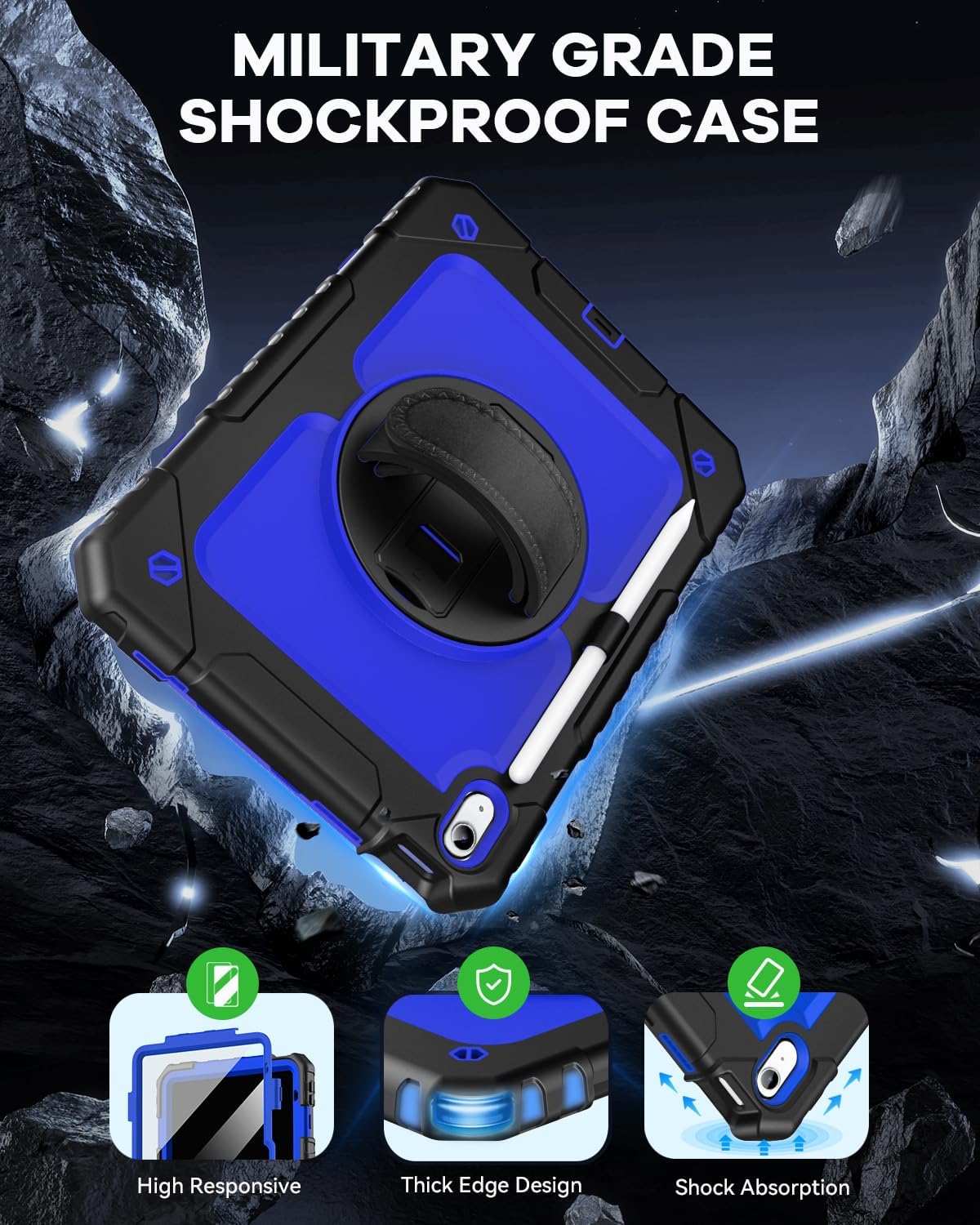 Cantis Case for iPad 11-inch (A16) 2025/ iPad 10th Generation 2022 (10.9 inch) with Screen Protector, iPad 11th Case with 360 Degree Rotating Stand/Shoulder Strap/Pencil Holder, Black+Dark Blue