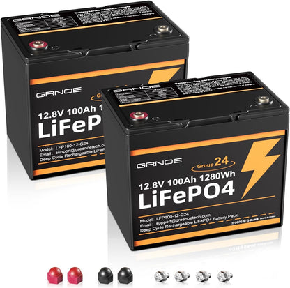 2-Pack 12V 100Ah LiFePO4 Automotive Batteries, 15000+ Deep Cycles, 100A BMS Each, Group 24 Car Battery Replacements for RV, Trailer, UTV, Off-Grid, Trolling Motor, Vehicle Power Systems,DIY