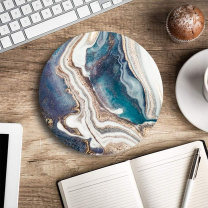 Blue Gold Marble Mouse Pad - Premium Textured Round Washable Mousepad with Lycra Cloth and Non-Slip Rubber Base for Wireless Mouse