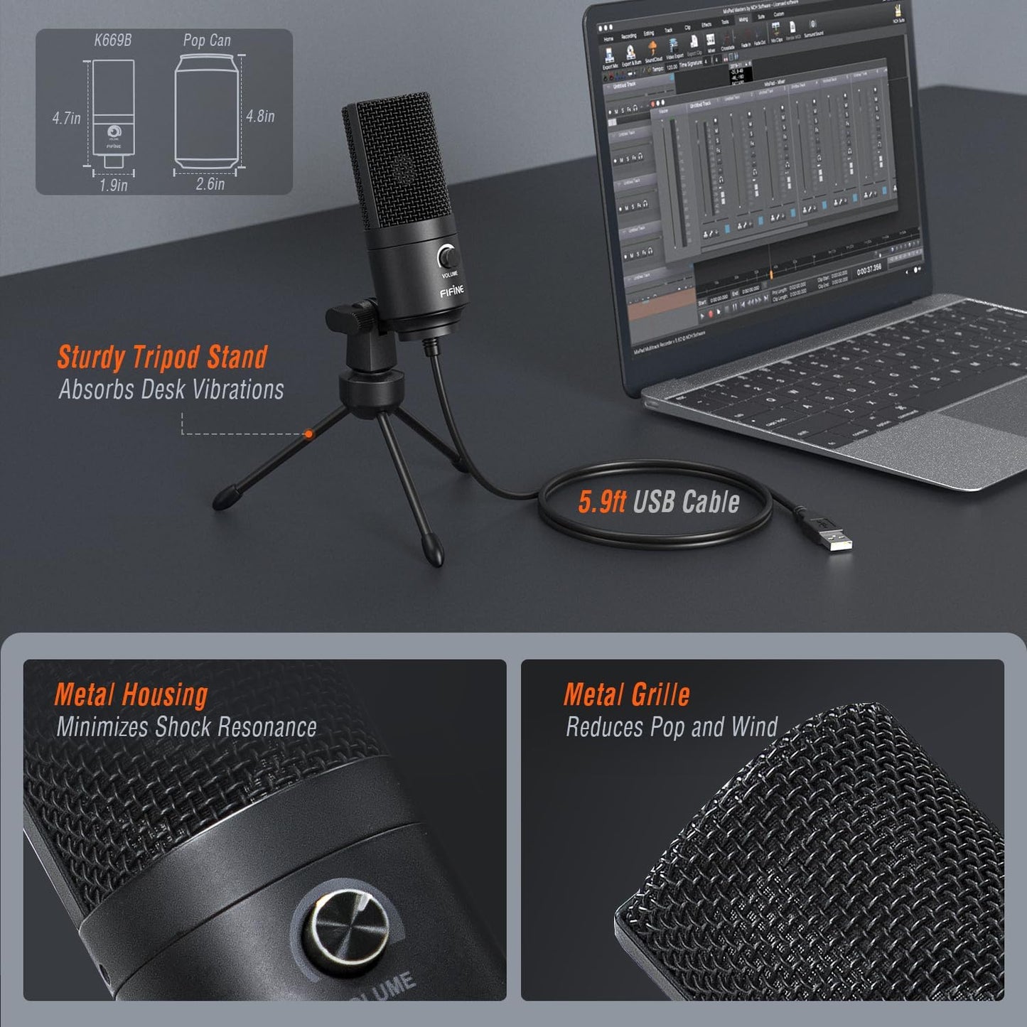 FIFINE USB Microphone, Metal Condenser Recording Microphone for MAC OS, Windows, Cardioid Laptop Mic for Recording Vocals, Voice Overs, Streaming, Meeting and YouTube Videos-K669B