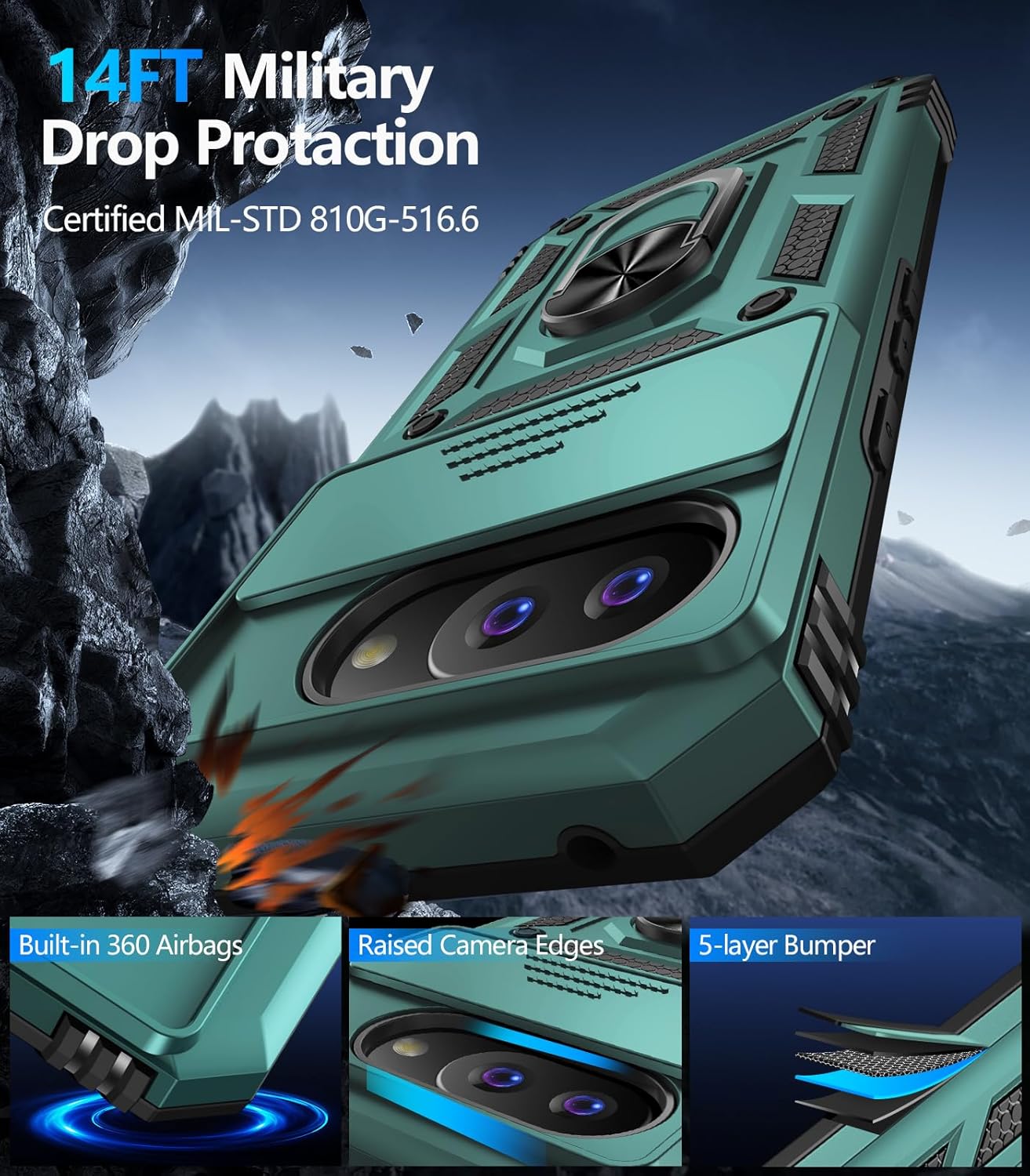 Taisairu for Google Pixel 9A Case with Screen Protector & Slide Camera Lens Cover,Built-in 360°Rotate Magnetic Ring Stand Shockproof Protective Phone Case for Google Pixel 9A Case (Green)