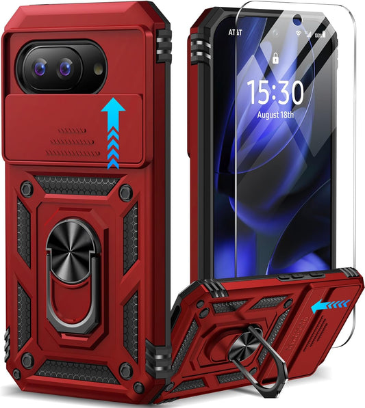 Taisairu for Google Pixel 9A Case with Screen Protector & Slide Camera Lens Cover, Built-in 360°Rotate Magnetic Ring Stand Shockproof Protective Phone Case for Google Pixel 9A Case (Red)