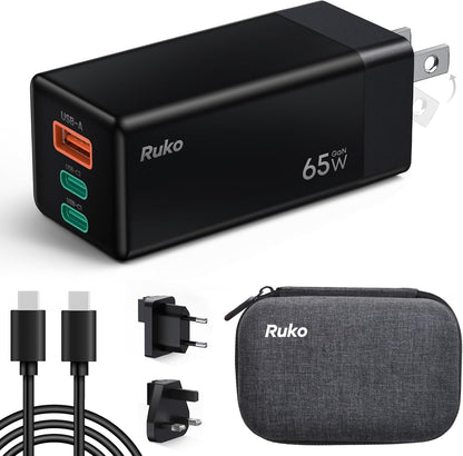 Ruko 65W USB C Charger, 3 Port International Travel Charger Kit, GaN Fast Charging Block with Portable Bag Cable UK EU Plug for iPhone 16/Pro, Galaxy S24, MacBook, iPad, Steam Deck, Drones