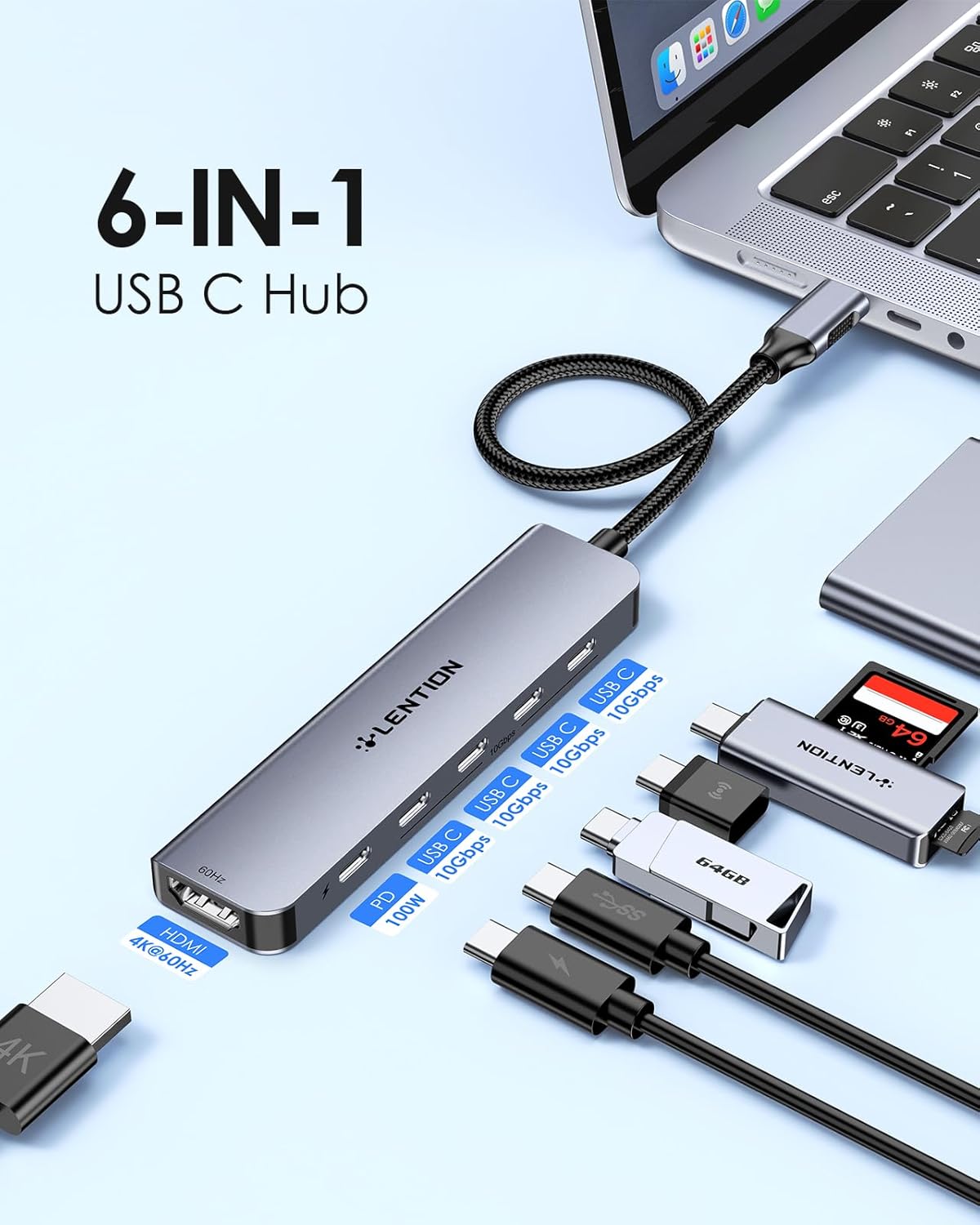 LENTION 6-in-1 USB C Hub Dock with a 4K @60HZ HDMI Display, 4 XUSB-C 3.2 Gen 2, 10 Gbps, PD 100W Charging and for iPhone15 Series, New MacBook Pro, Mac Air, More (CE33, Space Gray)