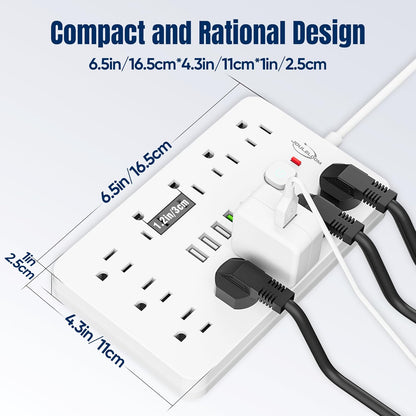 2 Pack 5 FT Flat Plug Surge Protector Power Strip,11 Multiple AC Outlets with 6 USB Ports (2 USB C), 5 Feet Extension Cord, 1250W/10A, One Touch Switch Button, 17 in 1 Compact powerstrip
