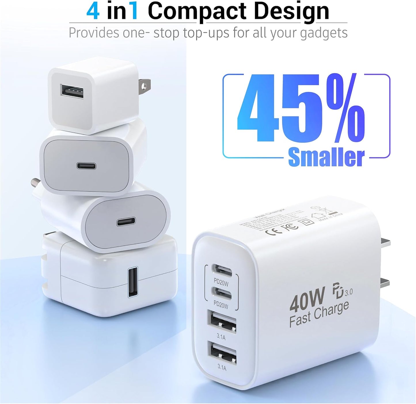 TT&C USB C Block 40W, 4 Ports Wall Plug Fast Charging Block, PD+QC Multiport Power Adapter USB C Charger Type C for iPhone 16,15,14,13,12,11, Pro Max, X, Xr, Xs, 8, Watch, Galaxy Phones (White 2Pack)