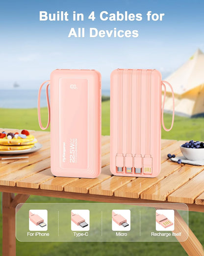 Portable Charger with Built in Cables, Slim 10000mAh Fast Charging 22.5W Power Bank USB C LED Display Battery Pack 6 Outputs & 2 Inputs for iPhone Samsung Pixel LG Moto iPad