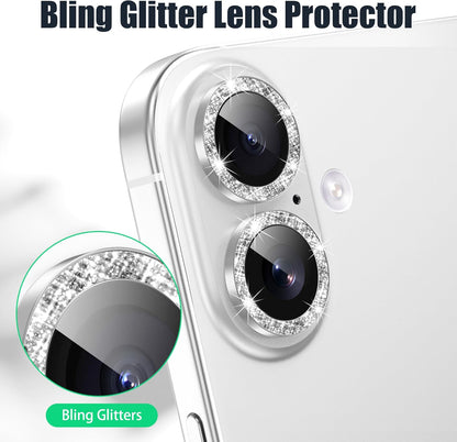 AGVEE 3+3 6 Pack for iPhone 16 6.1" / 16 Plus 6.7" Camera Lens Cover Protector, Bling Diamond & Bling Glitter Metal Ring 9H Tempered HD Glass Camera Cover Protector Film, Bling-Silver