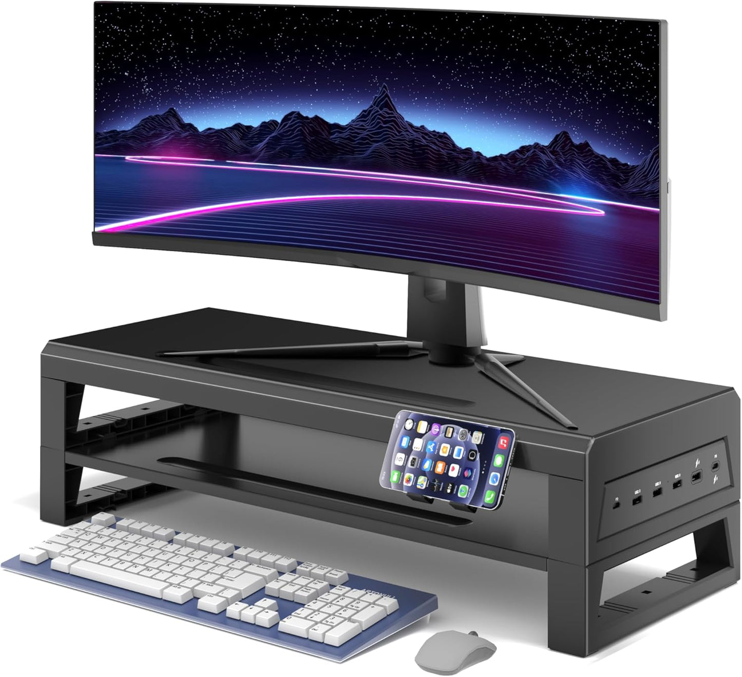 2-Tier Metal Computer Monitor Stand & Laptop Desk Shelf, 21.6 Inches, 22W Charging, 2 USB 3.0, 1 USB 2.0, Heavy Duty, Black, Metal