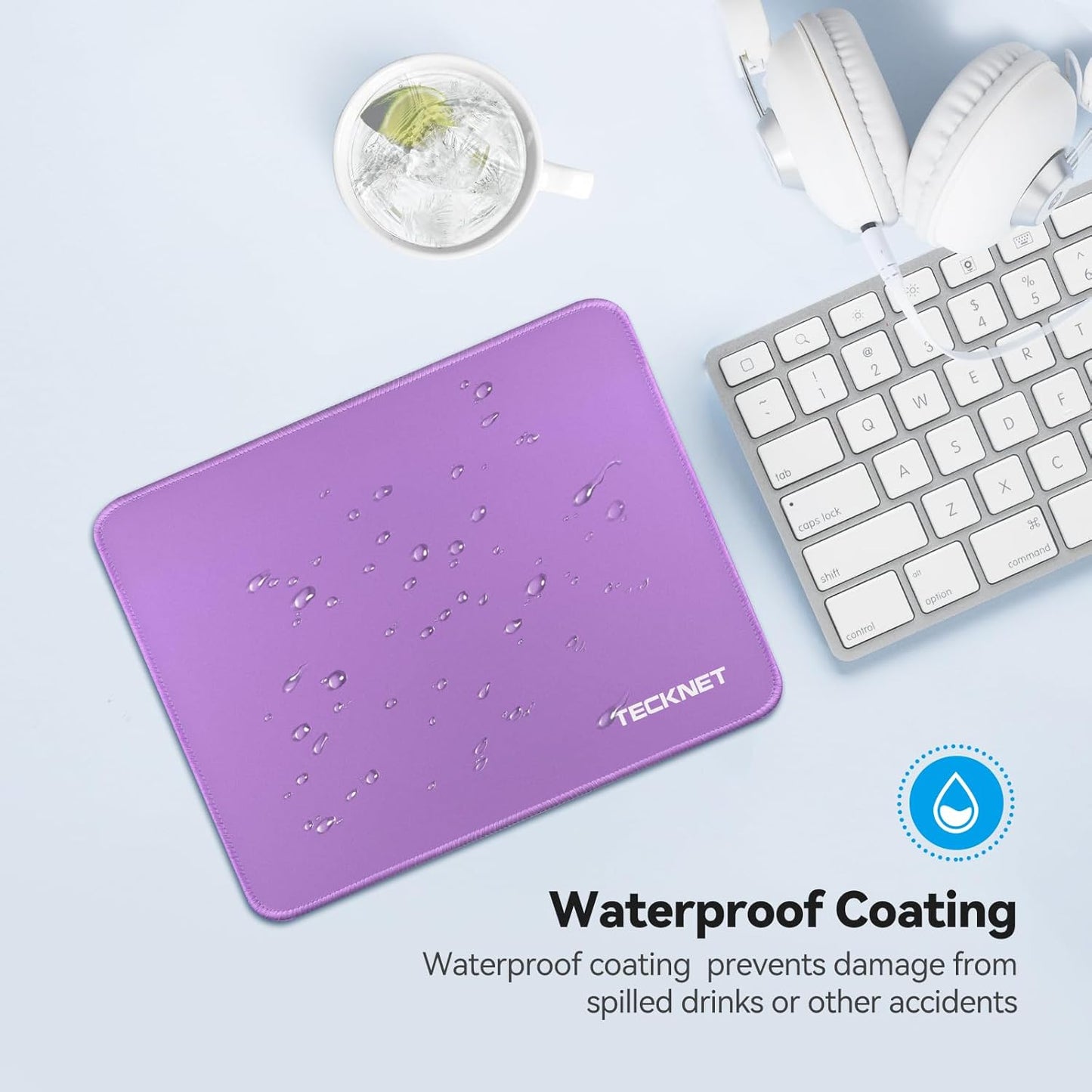 TECKNET Mouse Pad with Anti-fray Stitchin, Waterproof Surface & Non-Slip Rubber Base with Stitched Edges Gaming Mouse Mat for Laptop，Compatible with Laser and Optical Mice - Purple