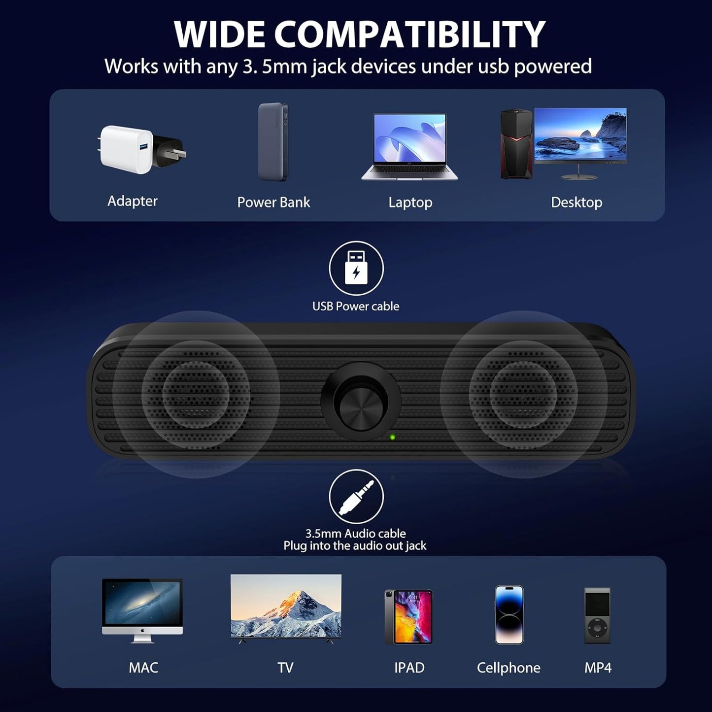 1Mii Computer Speakers for Desktop Laptop Tablet, USB Powered PC Speakers, Small Speakers Wired with Volume Control for Cellphone Pad MP3, Stereo Sound with 3.5mm Audio Plug for Windows Mac Linux PCs