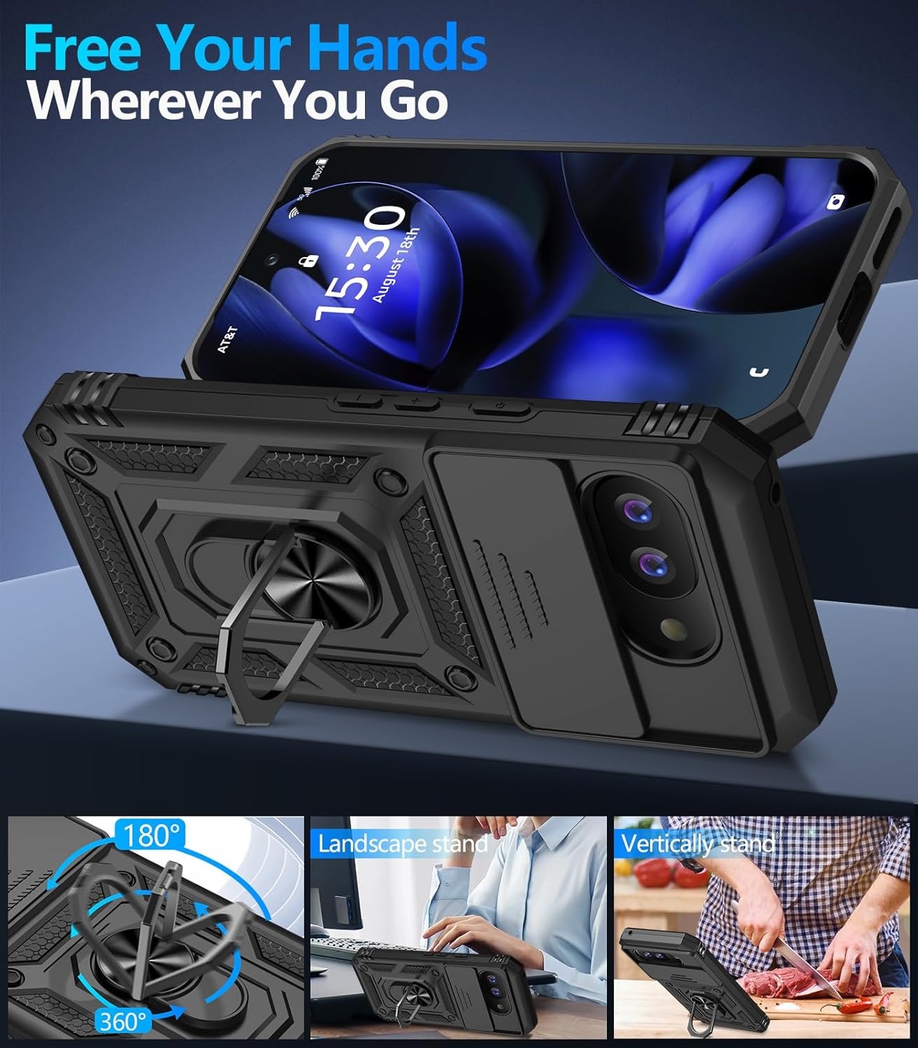 Taisairu for Google Pixel 9A Case with Screen Protector & Slide Camera Lens Cover, Built-in 360°Rotate Magnetic Ring Stand Shockproof Protective Phone Case for Google Pixel 9A Case (Black)