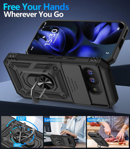 Taisairu for Google Pixel 9A Case with Screen Protector & Slide Camera Lens Cover, Built-in 360°Rotate Magnetic Ring Stand Shockproof Protective Phone Case for Google Pixel 9A Case (Black)