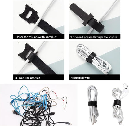 100 Pack Reusable Hook & Loop Cable Ties & Labels Kit - 50 Durable Cord/Wire Tags + 50 Self-Gripping Straps for Electronics Organizing, Home Office Cord Management (White & Black)