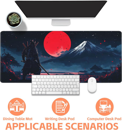 Mouse Pad Large Samurai and Red Moon Non-Slip Game Desk Mat with Stitched Edge Laptop Keyboard Desk Pad for Work Home Gaming (35.4 x 15.7 Inches)
