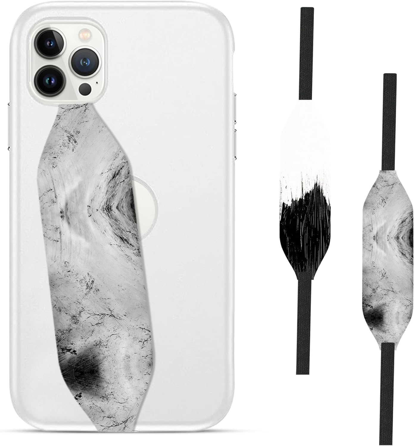 Phone Grip Strap - Reversible Finger Holder for Phone Back, Customizable Anti-Slip Design, Wireless Charging Compatible Detachable Holder for iPhone - White on Black