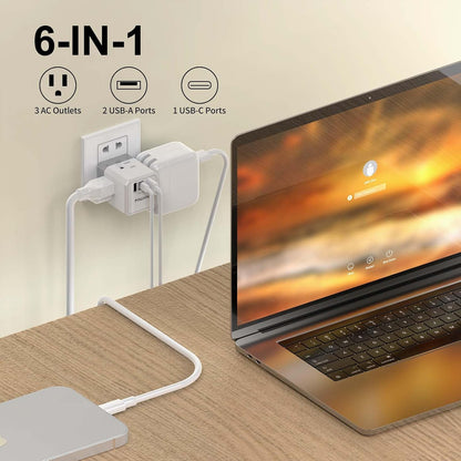 Cruise Ship Essentials, 3-Side Outlet Splitter with 3 USB Ports(1 USB C) USB Wall Charger, Outlet Extender for Home, Office and Cruise, ETL Listed, White