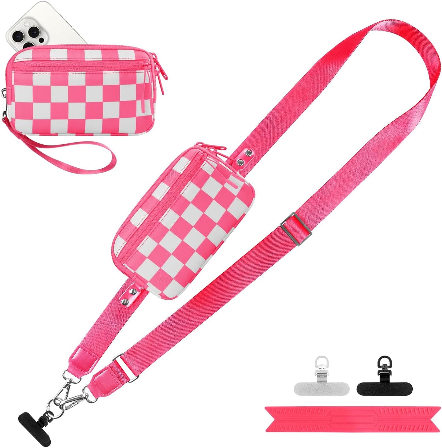 Clip and Go Strap for Phone with Wallet Crossbody, Adjustable Phone Lanyard with Detachable RFID Wristlet Wallet, Phone Strap with Phone Tabs for All Phones, Pink Checkered (L)