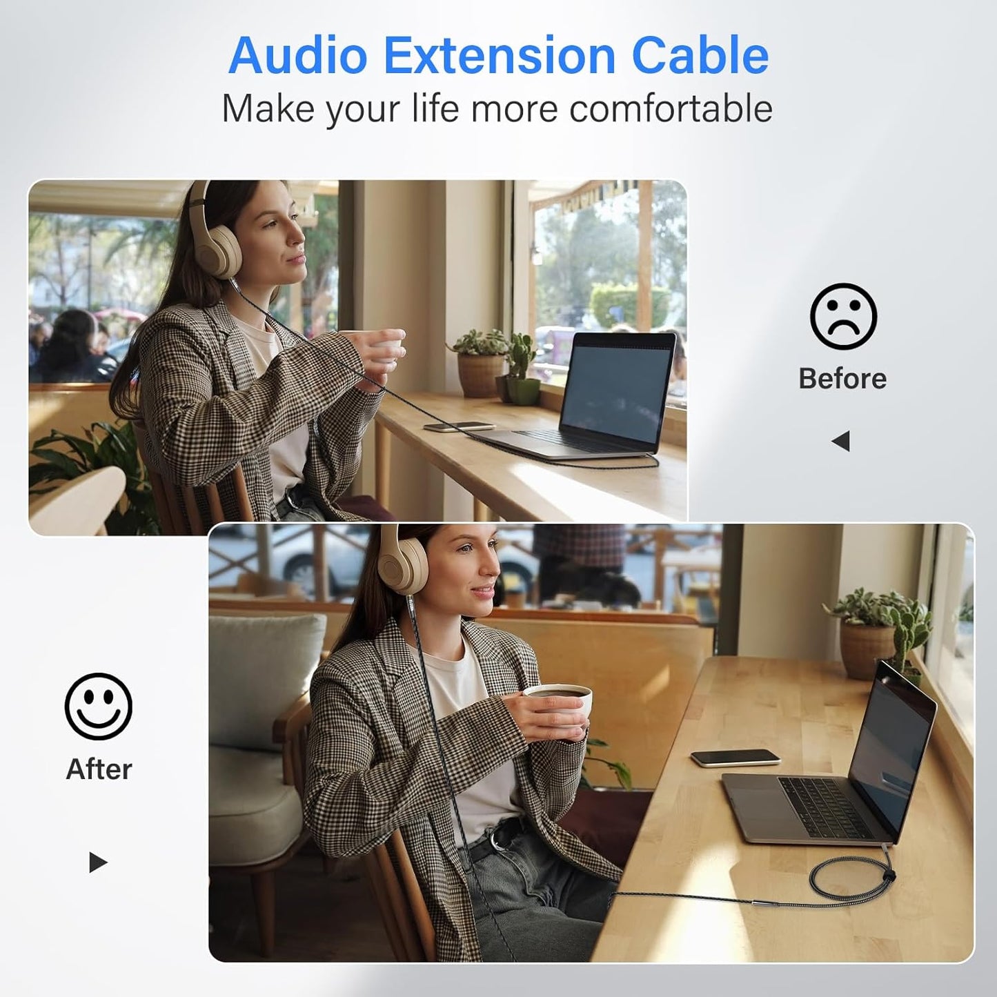 Elecan Headphone Extension Cable 1 Ft/2 Pack, 1/8 Inch 3.5 MM AUX Cord Wire Male to Female, Hi-Fi Sound Thin&Slim Braided TRS Stereo Audio Beats Cable Extender for Car,Home Stereos, Speaker,Phones