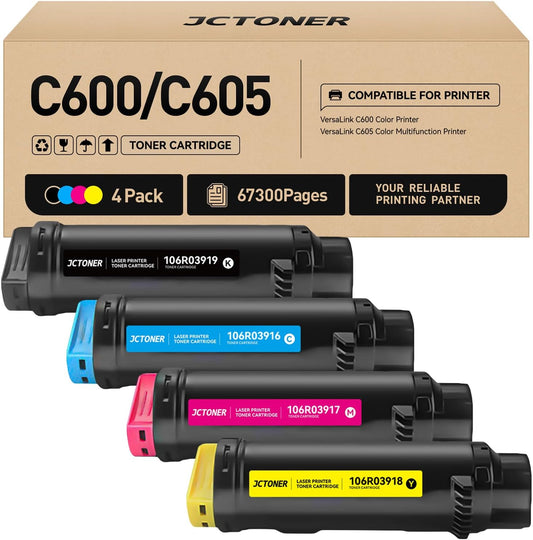 C600 C605 Toner Cartridges 4-Pack Compatible Replacement for VersaLink C600 C605 Color Multifunction Printer Copier Scanner 106R03919 106R03916 106R03917 106R03918 High-Yield Black Cyan Yellow Magenta