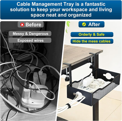 Large Under Desk Cable Management Tray - Heavy Duty Metal Cord Organizer with No Drill Installation for Office & Home Office Desks to Hide Wires & Power Strips (Black, XL)