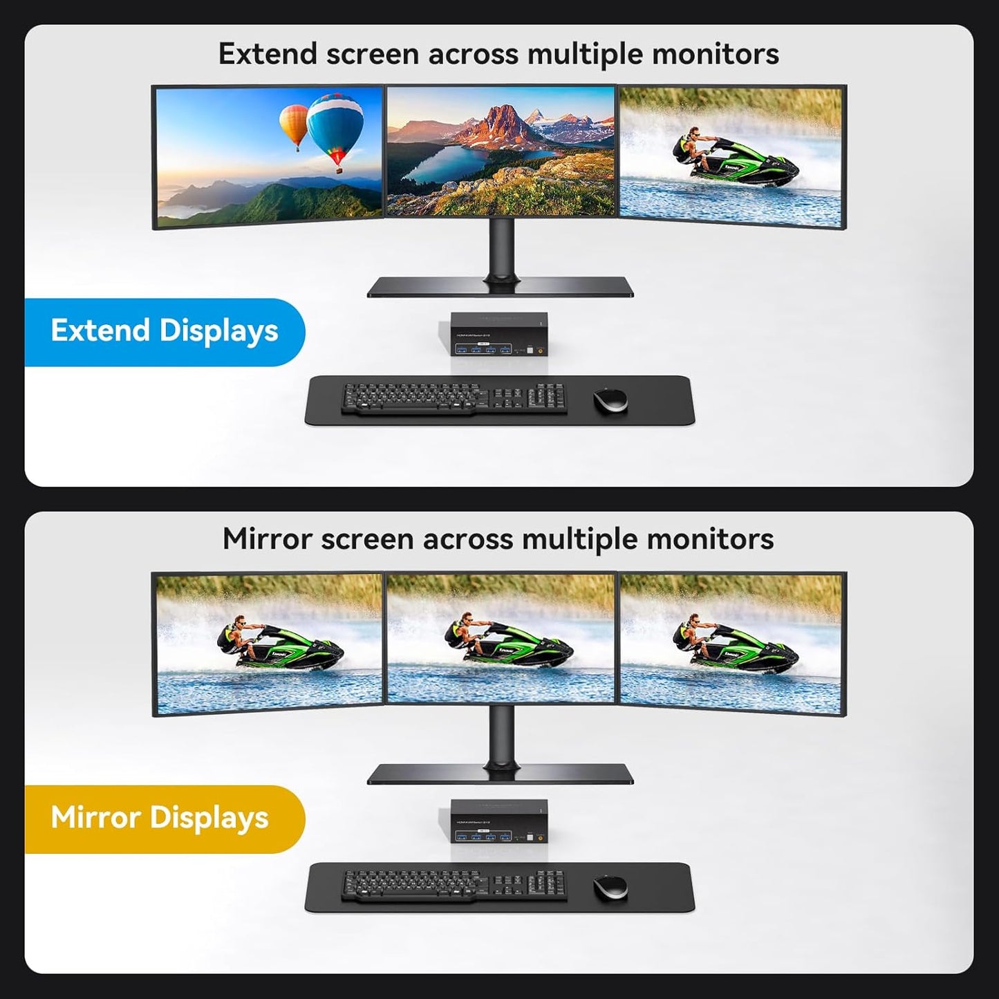 8K HDMI 2 Displayport KVM Switch 3 Monitors 2 Computers DP 1.4 8K 60Hz 4K 120Hz Display Port for Two PC Share Triple Monitor and 4 USB 3.0 Peripherals Support Extended and Duplicate Mode