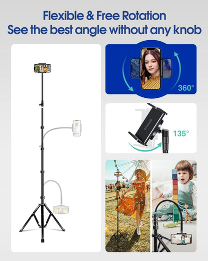Elitehood 6.7 Feet Tall Phone Tripod, Heavy Duty Metal iPhone Tripod Stand with Remote, 17" Gooseneck Overhead Tripod for iPhone 15 14 13 Pro Max / 13 Pro / 13 12 11, Android Cell Phone Black
