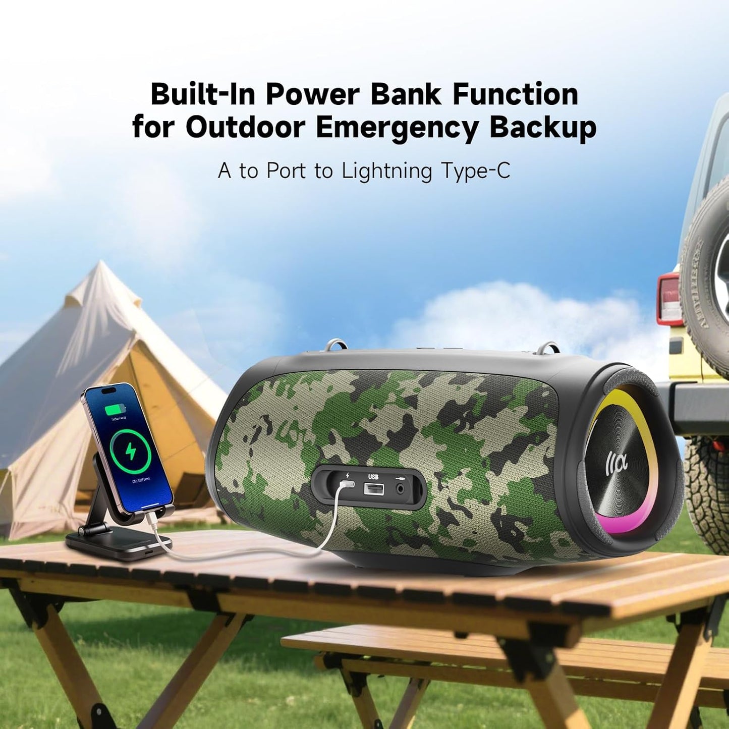 Portable Bluetooth Speaker 60W RMS,90W Peak Loud Subwoofer Wireless Stereo with HD Sound,8H Playtime IPX7 Waterproof for Party cmaping Beach (CAMO-60W RMS/90W Peak)