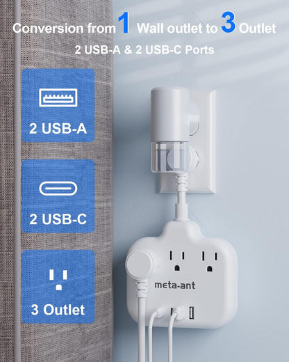 Short Extension Cord 2 inch, Short Cord Power Strip with 3 Outlets 4 USB(2 USB-C) 17W, Flat Outlet Extender, Non-Blocking, Non-Surge Protection for Cruise Travel Dorm Kitchen Bathroom, White
