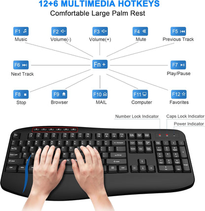 Wireless Keyboard and Mouse Combo, EDJO 2.4G Full-Sized Ergonomic Computer Keyboard with Wrist Rest and 3 Level DPI Adjustable Wireless Mouse for Windows, Mac OS Desktop/Laptop/PC（Classic Black）