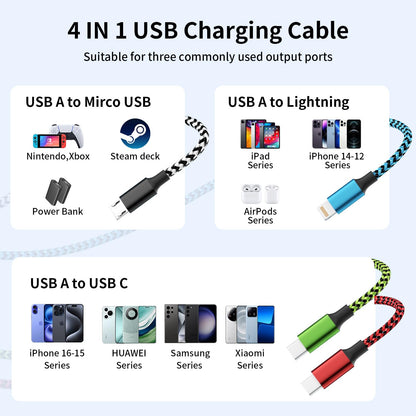 USB A/C 4 in 2 Charging Cable,Dual Type C Mulit Charging Cord Universal Charging Cables for All Devices, Phone Charger Cord Adapter 2 USB-C/IP/Micro Port for Cell Phones Tablets Galaxy PS & More