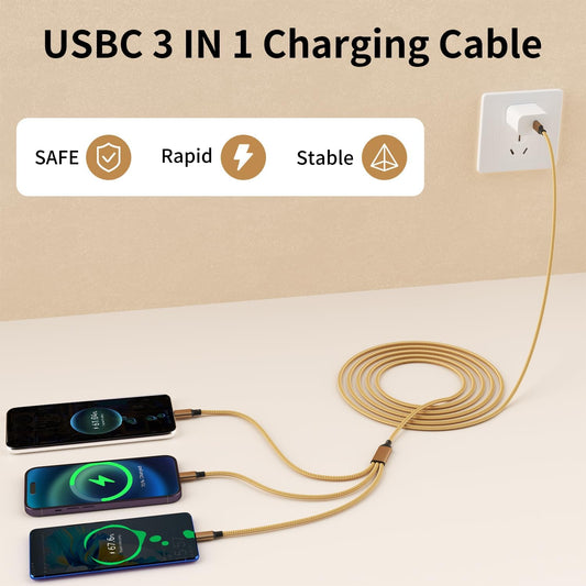 USB C Multi Charging Cable [2Pack 4FT], 3 in 1 Charging Cable Nylon Braided USB-C Multiple Charger Cord with Type-C, Micro USB and IP Port for Cell Phones and More (Golden)