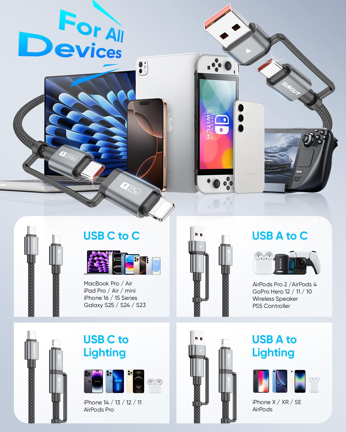 SUNGUY 4-in-1 Charging Cable 3FT, MAX 240W Multi Charge Cable with Lighting/Type C/USB A Port, USB A/Lighting to USB C Cable Adapter for iPhone 16/15/14 Pro Max, Galaxy S24 S23 S22 and More