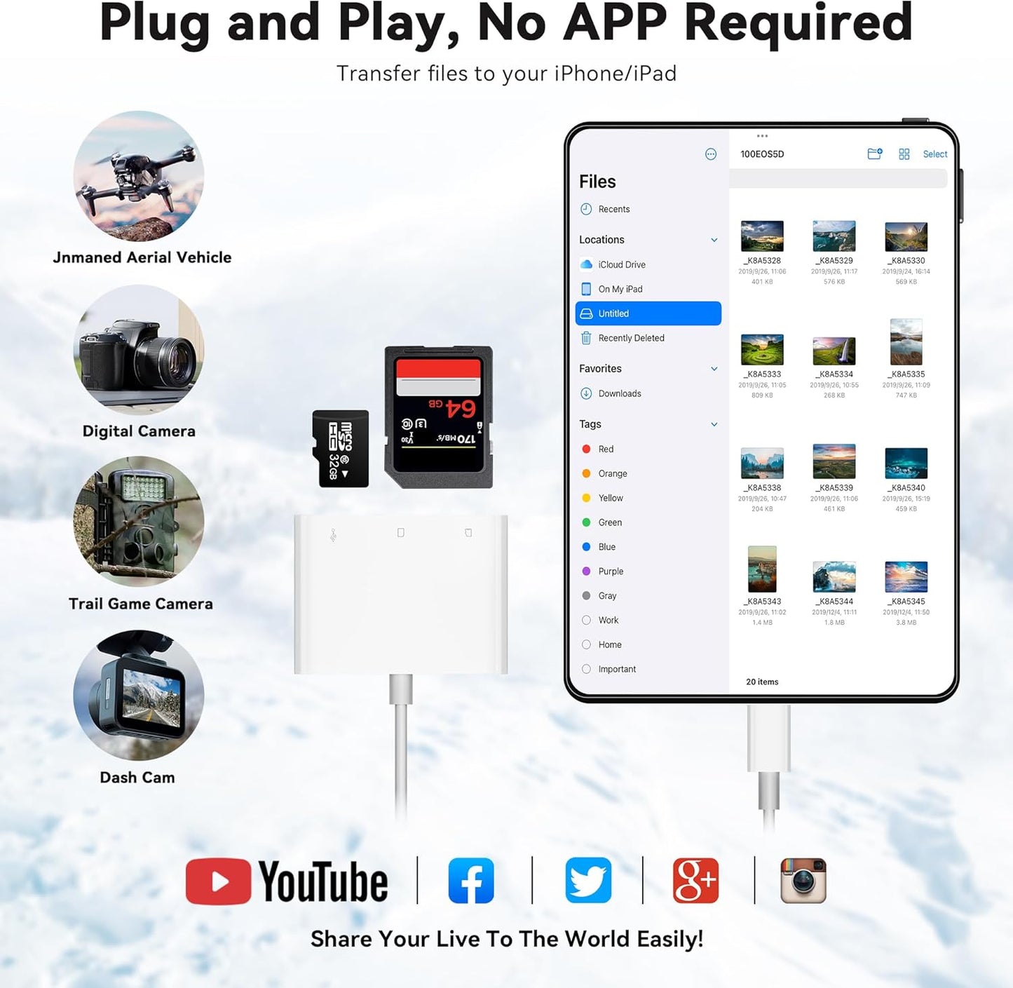 SD Card Reader for iPhone iPad, Micro SD Card Reader Memory Card Reader with USB Adapter Plug and Play Trail Game Camera Card Viewer Supports SD and TF Card No App Required
