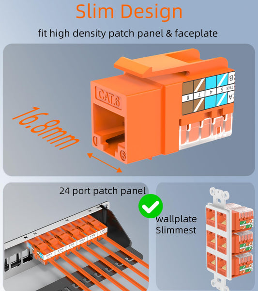 Rapink RJ45 Keystone Jack Cat6 10G Support, Keystone Jacks UTP 50 Pack for Wall Plate and Patch Panel, Rj45 Keystone 90 Degree Orange Color for Cat6, Cat5e, Cat5 Cabling