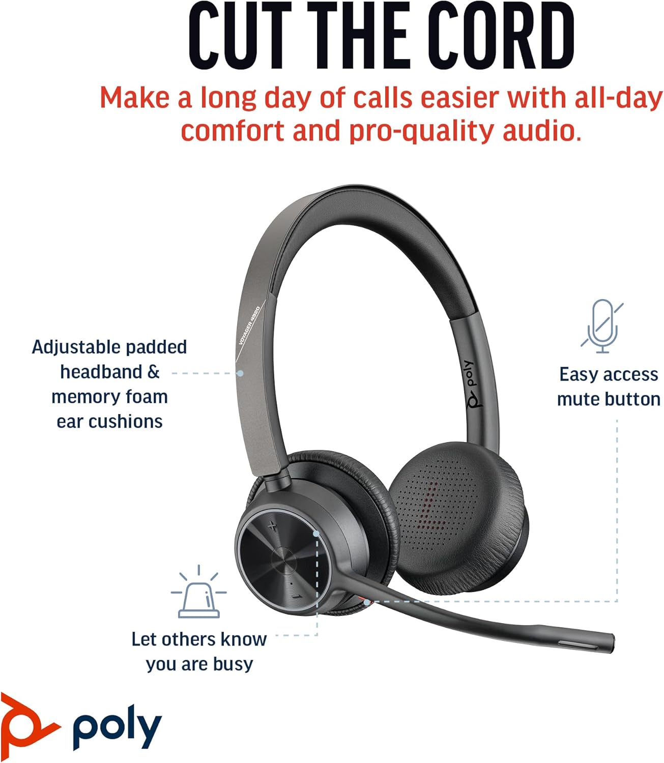 Poly Voyager 4320 UC Wireless Headset (Plantronics) - Stereo Headphones w/Noise-Canceling Boom Mic - Connect PC/Mac/Mobile via Bluetooth - Works w/Teams, Zoom, & More - Amazon Exclusive