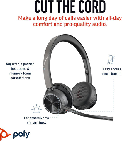 Poly Voyager 4320 UC Wireless Headset (Plantronics) - Stereo Headphones w/Noise-Canceling Boom Mic - Connect PC/Mac/Mobile via Bluetooth - Works w/Teams, Zoom, & More - Amazon Exclusive