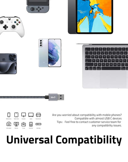 FHG 3.3FT USB 3.0 to USB C Cable 2Pack, High-Speed Transfer of 1GB in 2sec, 3A Fast Charging from 20% to 80% in 35mins, Sturdy Nylon Braided USB Data Cable, Compatible for iPhone 15/Galaxy/Mac/Win