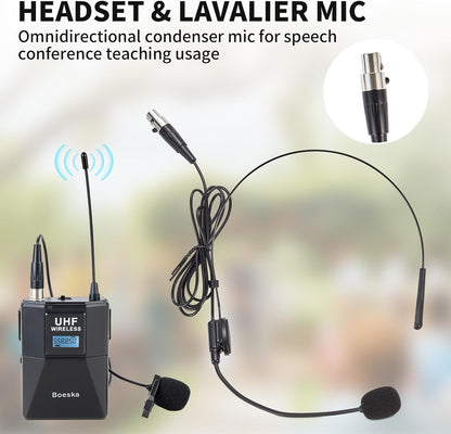 4 Channel Wireless Microphone System UHF 2 Cordless Handheld Mics and 2 Lavalier Headset Mics for Karaoke Church Speaking Conference Meeting Party, 4x25 Adjustable Frequency (2 Handheld + 2 Bodypack)