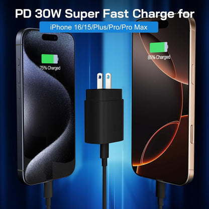 30W USB C i Phone 16 15 Charger Fast Charging, 2PACK Wall Charger for iPhone 16 15 Pro Max Charger Cord 6.6FT Fast Type C Charger Block for iPhone 16/16 Pro/15 Plus/15 Pro/15 Pro Max, iPad Pro, Black