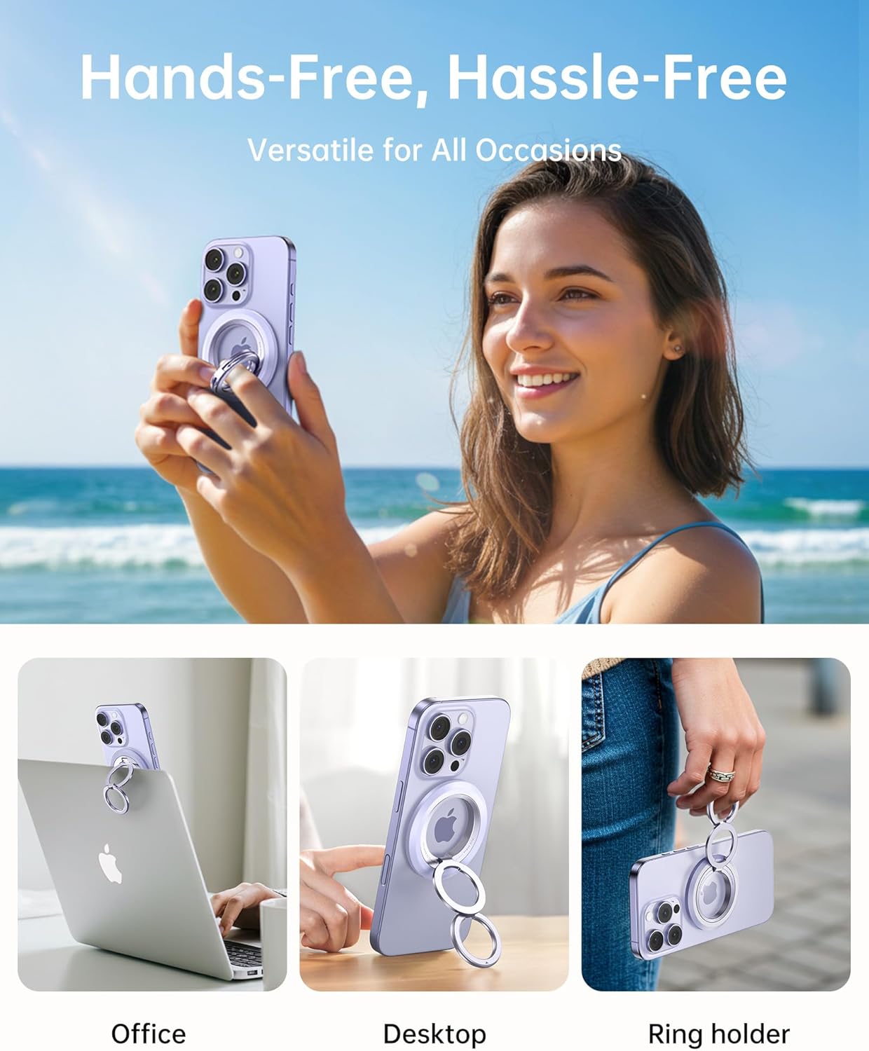 SYNCWIRE Magnetic Phone Ring Holder for MagSafe, 360° Rotation Dual Sided Magnet Grip Cell Phone Ring Stand Finger Kickstand Compatible with iPhone 16 15 14 13 12 Pro Max fits MagSafe - Purple